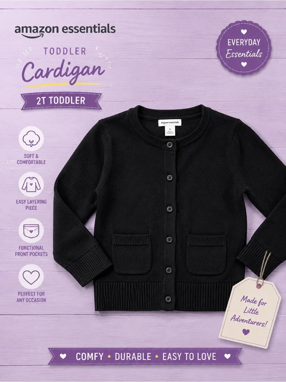 Amazon Essentials Black Cardigan Toddler Girls 2T Button Front Sweater